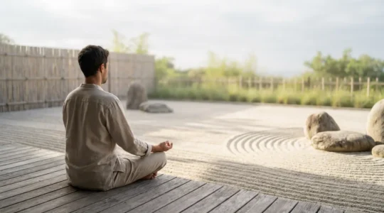 Personne assise en méditation dans un jardin zen épuré avec pierres et sable, symbolisant le lâcher-prise et l'acceptation