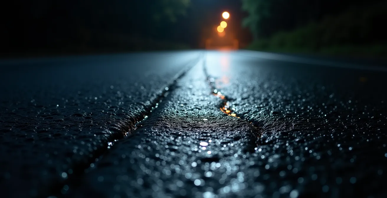 Route de nuit éclairée uniquement par des phares de voiture, créant une métaphore visuelle du chemin inconnu.
