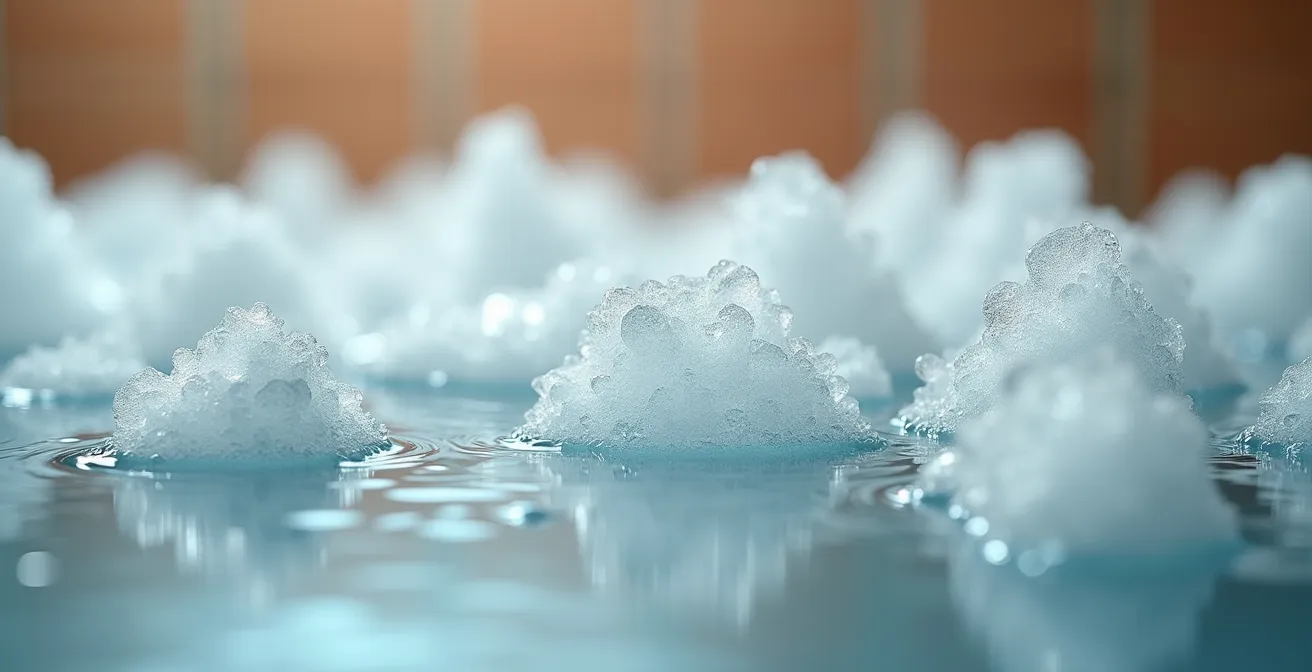 Vue macro de cristaux de sel d'Epsom se dissolvant dans l'eau avec effet temporel