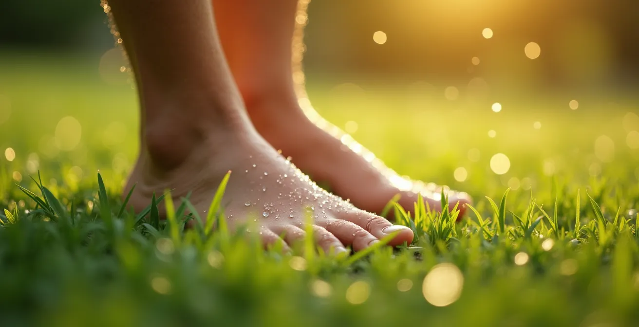 Gros plan sur des pieds nus touchant l'herbe humide de rosée au lever du soleil