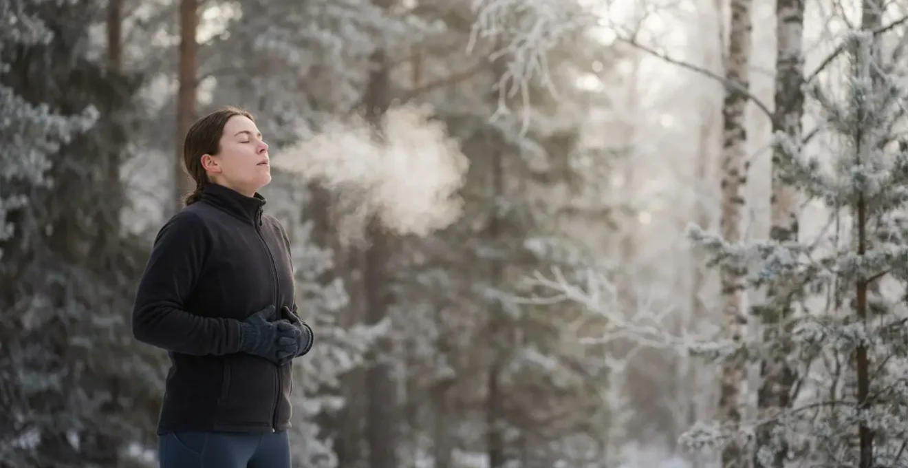 Personne pratiquant des exercices de respiration profonde dans un environnement naturel hivernal