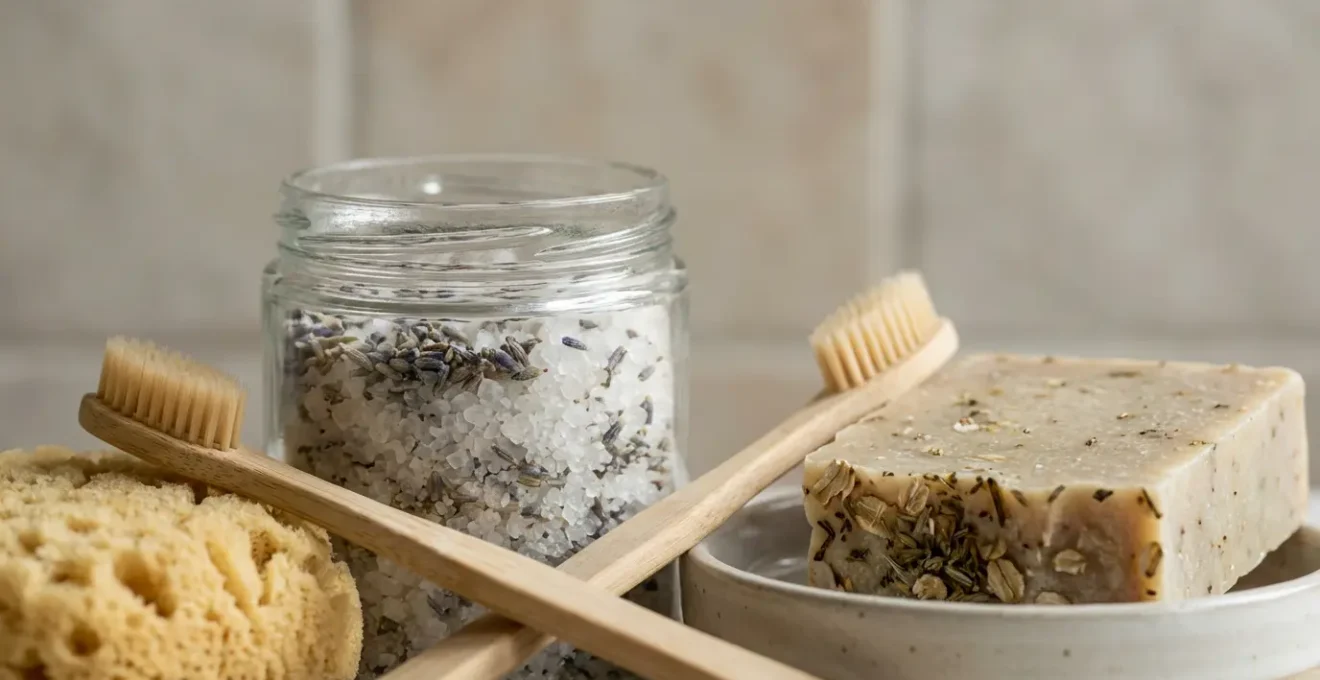 Salle de bain épurée avec produits naturels et plantes vertes