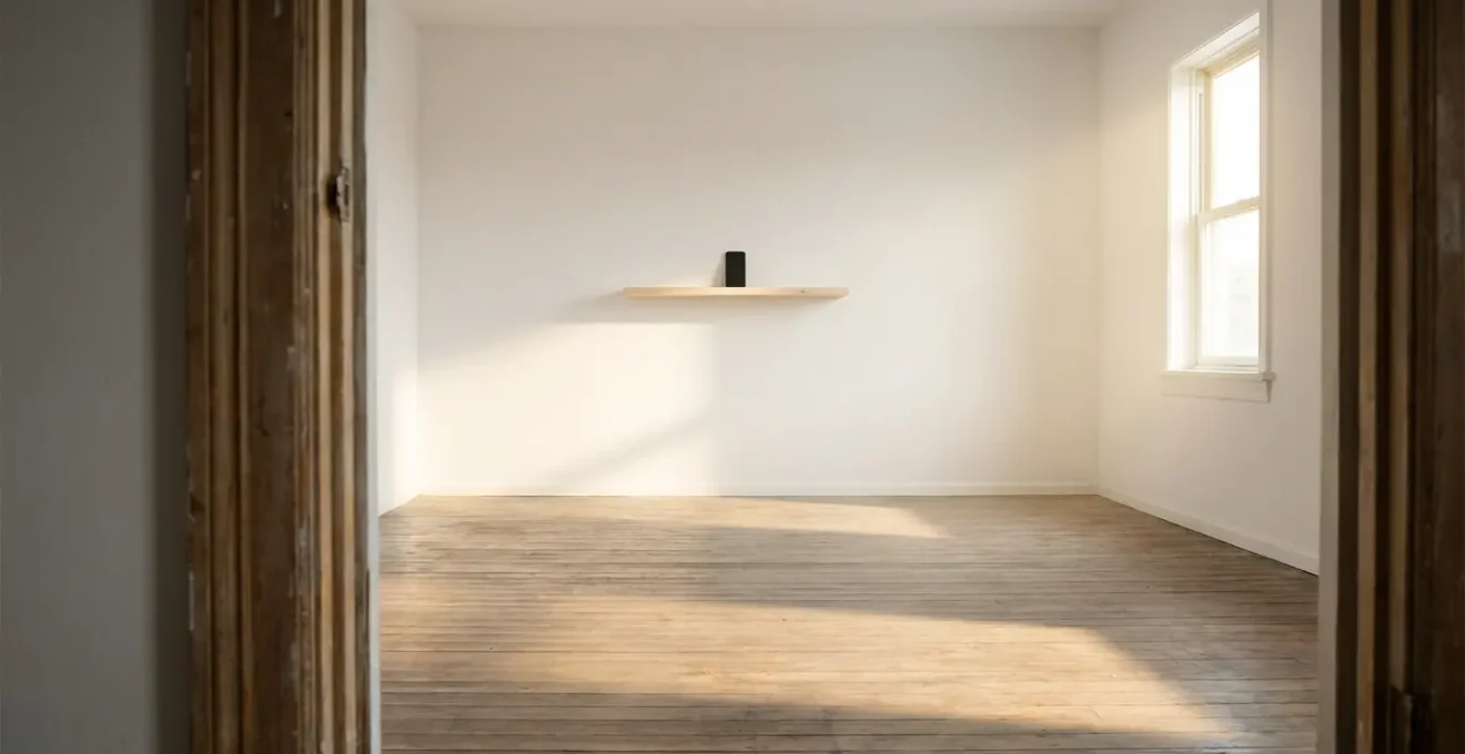 Vue minimaliste d'un smartphone posé seul sur une étagère dans une pièce éloignée, symbolisant la distance physique nécessaire