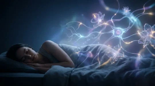 Représentation visuelle du sommeil paradoxal et de son rôle dans la santé mentale avec activité cérébrale et ondes oniriques