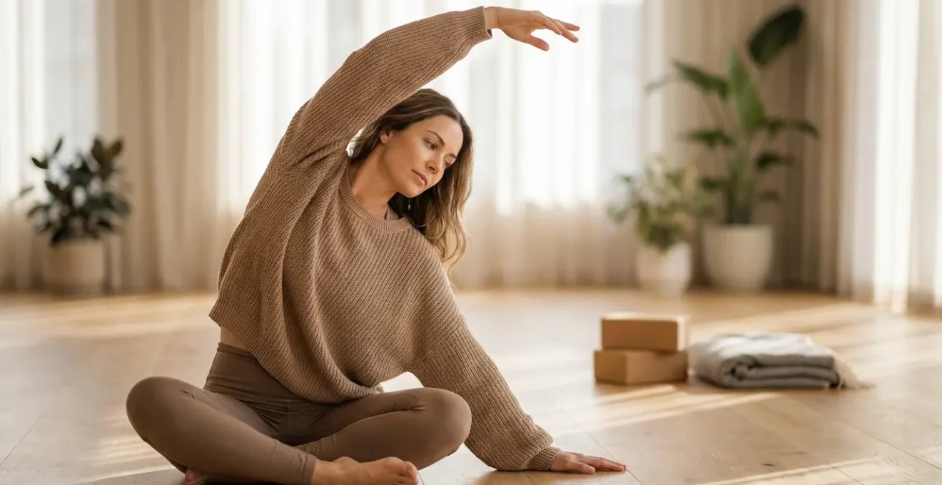 Personne pratiquant des étirements doux dans un environnement apaisant pour soulager les douleurs de la fibromyalgie