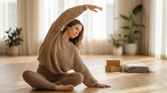 Personne pratiquant des étirements doux dans un environnement apaisant pour soulager les douleurs de la fibromyalgie