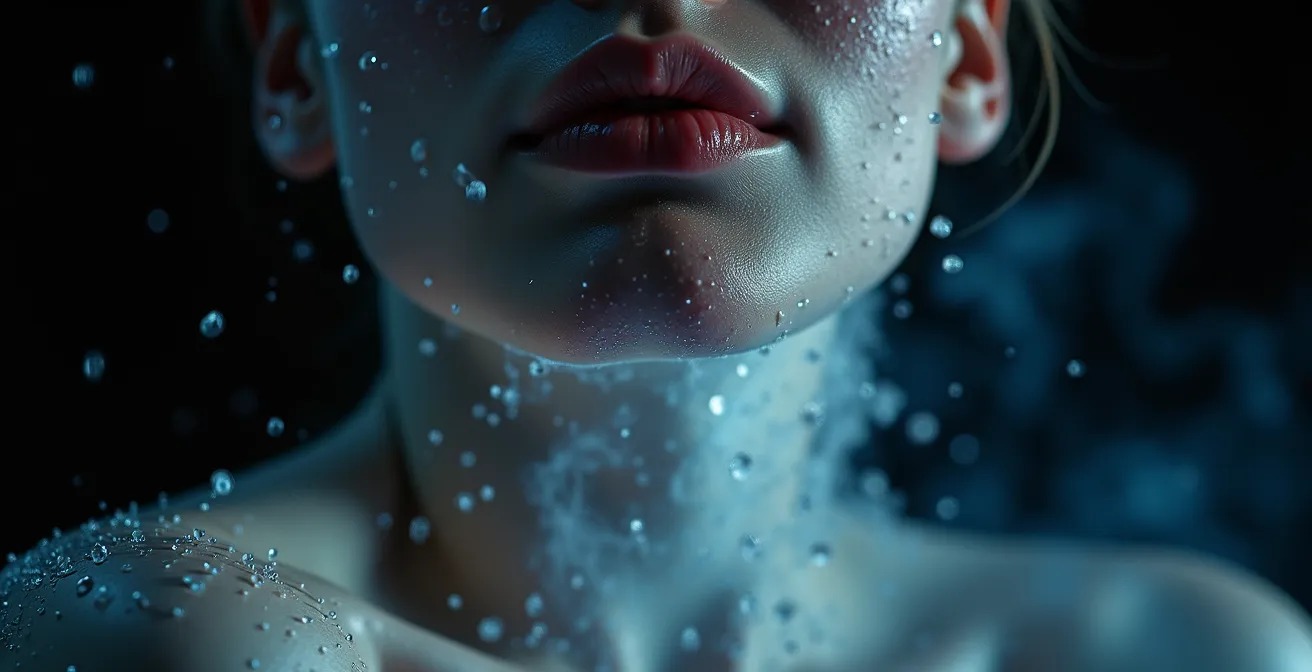 Gros plan sur un visage recevant de l'eau froide avec effets vibratoires au niveau de la gorge