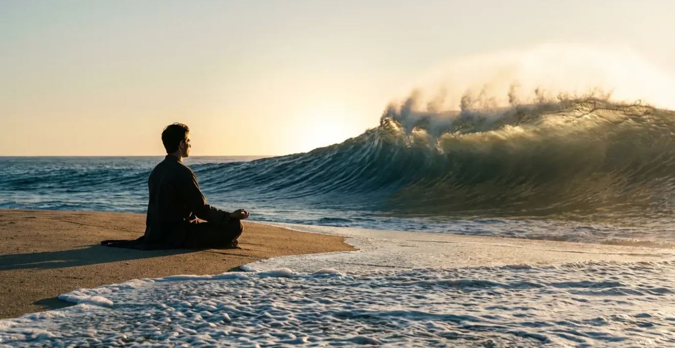 Personne méditant face à une vague métaphorique représentant les émotions