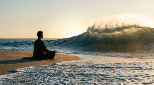 Personne méditant face à une vague métaphorique représentant les émotions