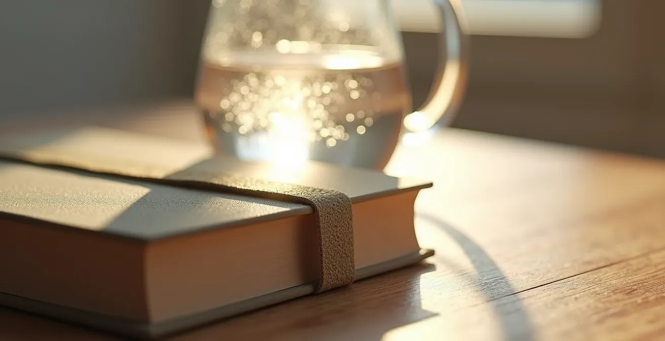 Table de chevet avec verre d'eau et livre, absence volontaire de téléphone