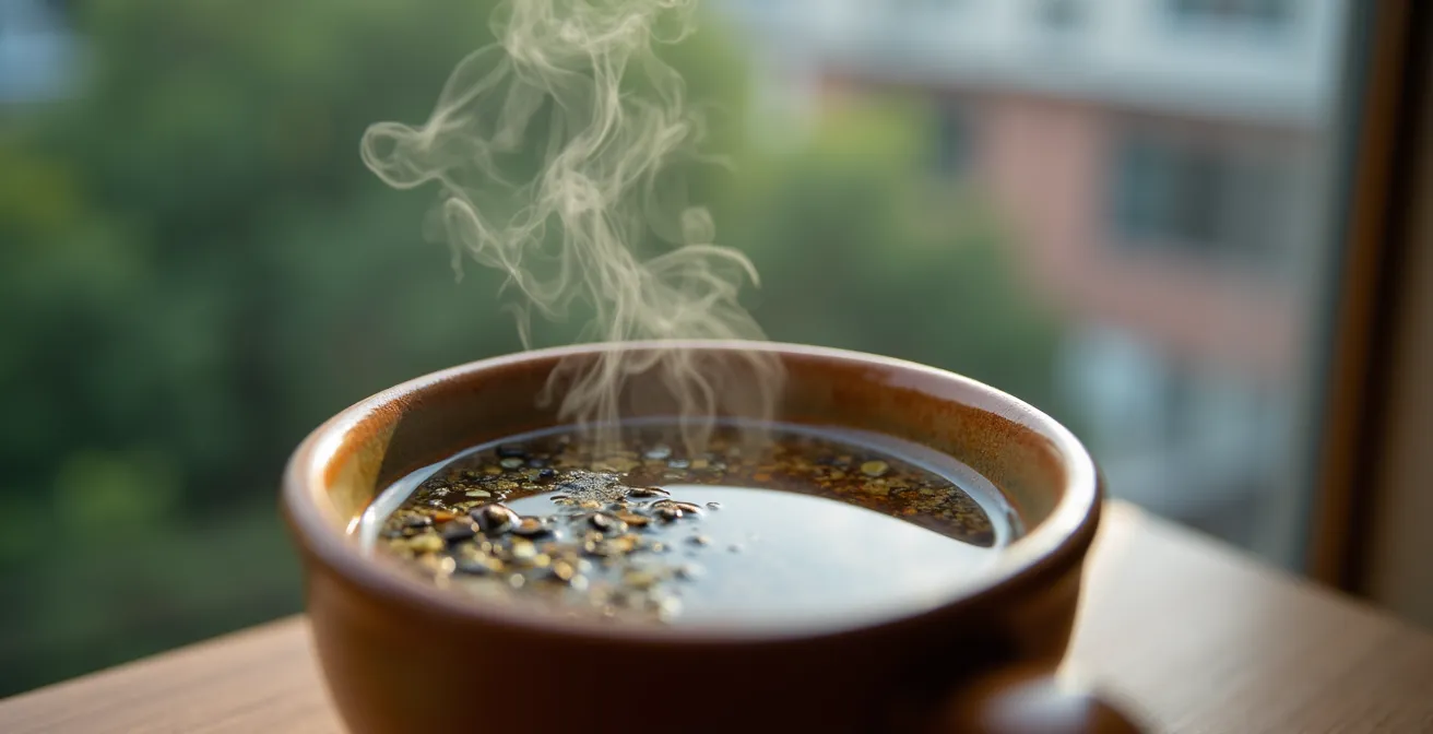 Tasse de tisane fumante sur un bureau avec vue floue sur la ville en arrière-plan