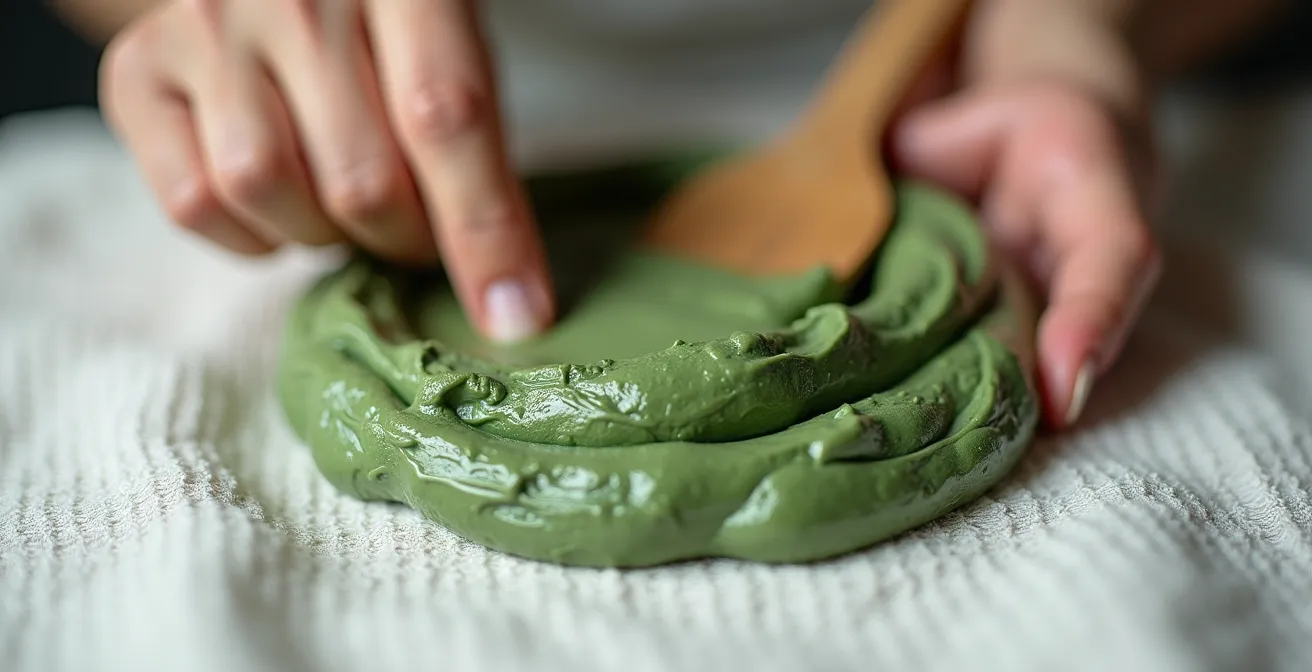 Mains appliquant délicatement un cataplasme d'argile verte sur une compresse