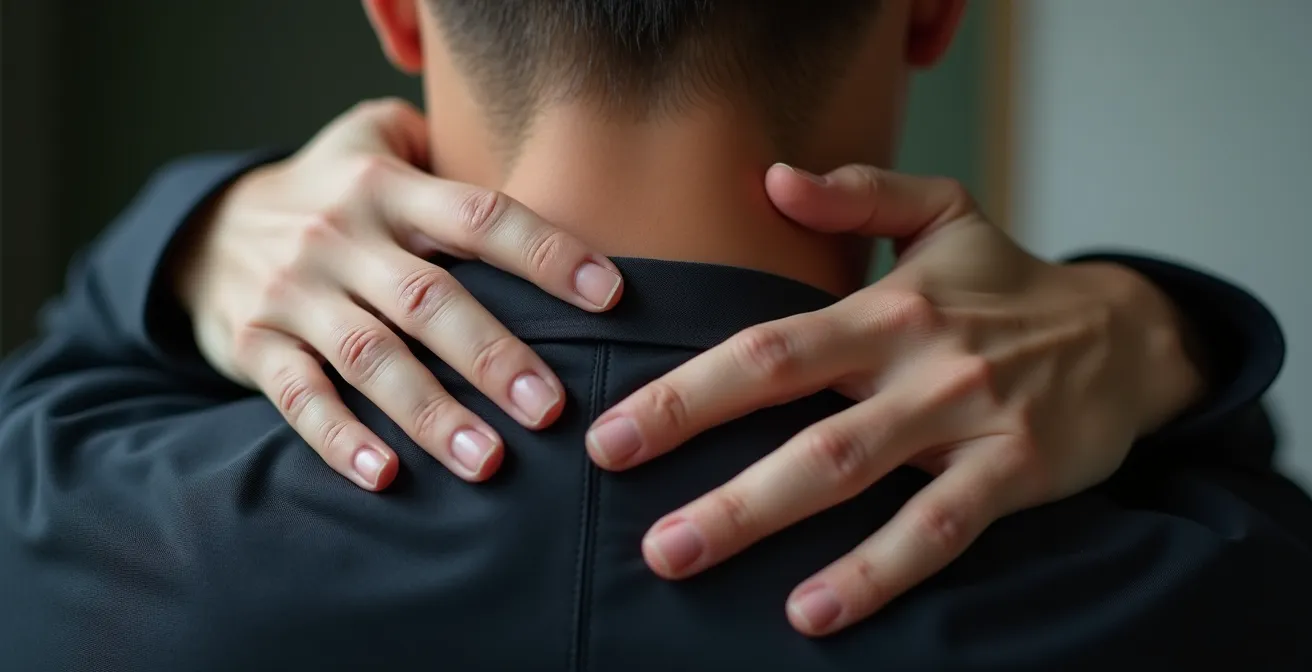 Vue macro détaillée des mains posées délicatement sur la nuque en position de relaxation