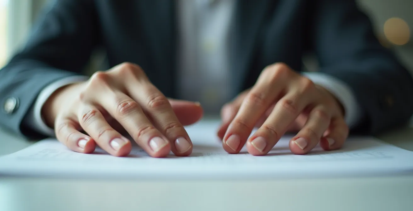 Gros plan sur des mains posées calmement à plat sur un bureau, respiration visible par le mouvement subtil des épaules