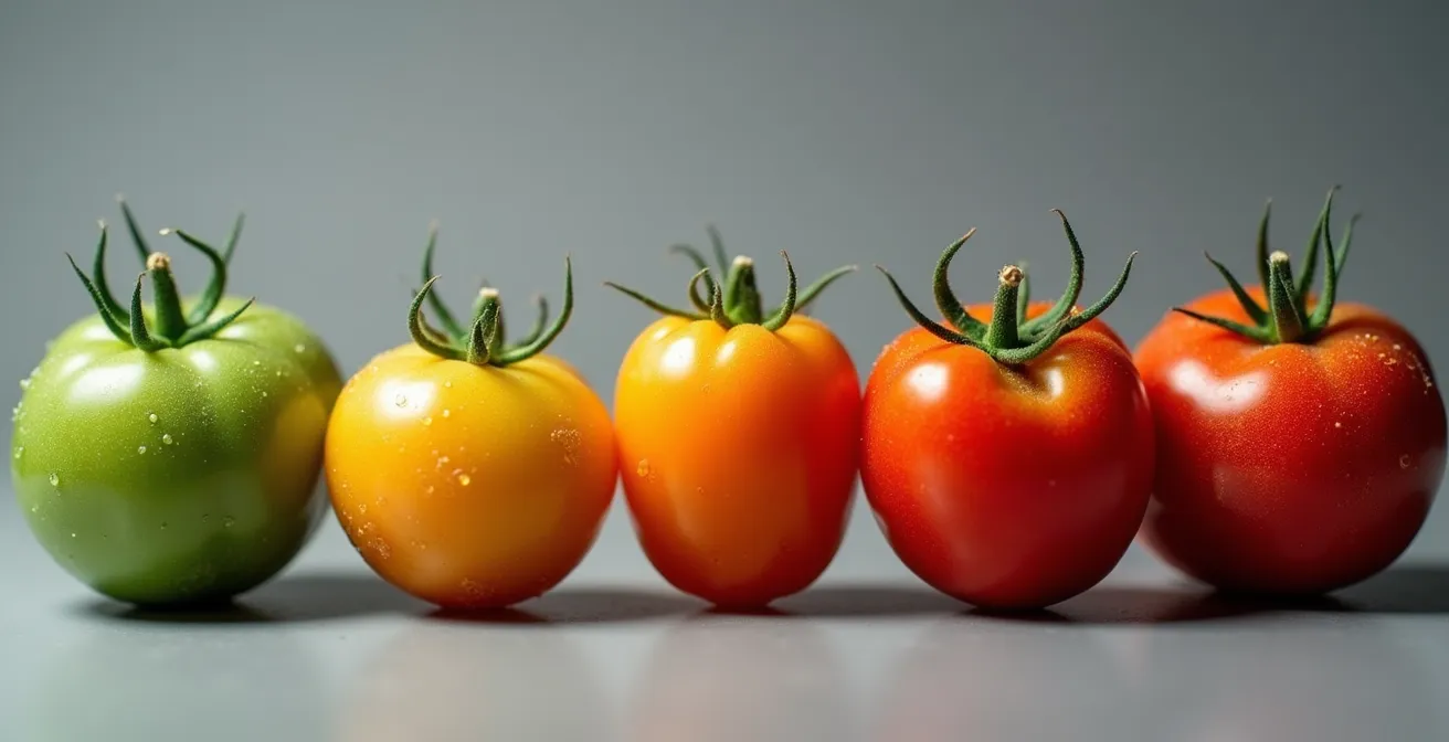 Progression de tomates de vertes à rouges montrant la diminution de solanine avec la maturité
