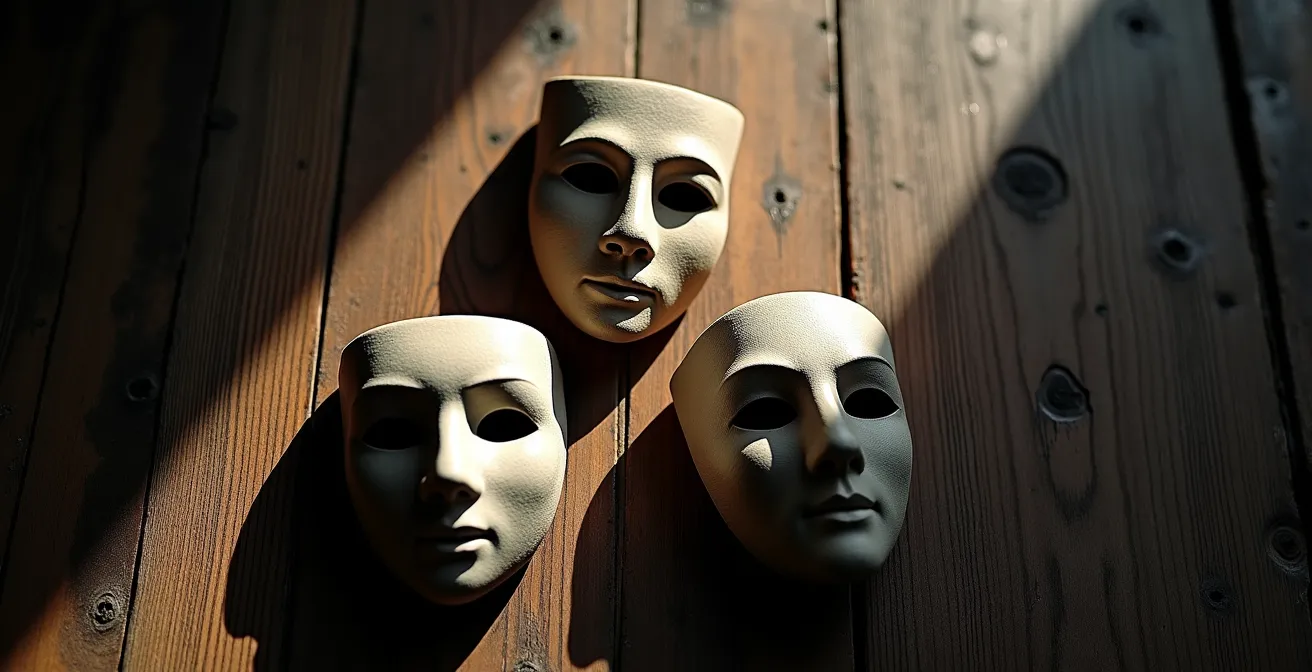 Trois masques de théâtre ancien posés sur une table en bois, éclairés par une lumière dramatique créant des ombres distinctes