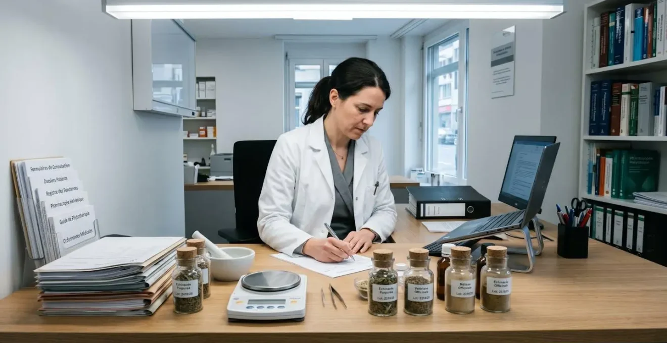 Bureau de pharmacien spécialisé avec documentation réglementaire, échantillons de plantes médicinales et matériel de consultation