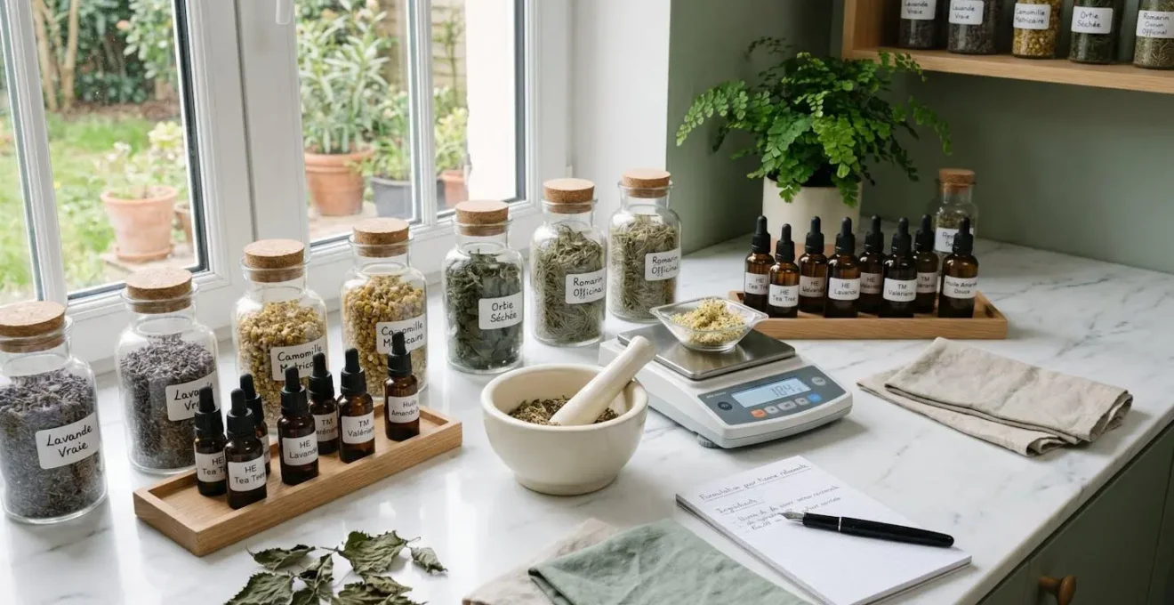 Plan de travail d'herboristerie moderne avec flacons d'huiles essentielles, plantes séchées en bocaux et balance de précision sur comptoir blanc