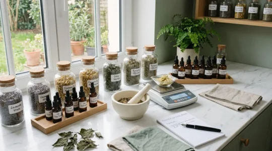 Plan de travail d'herboristerie moderne avec flacons d'huiles essentielles, plantes séchées en bocaux et balance de précision sur comptoir blanc