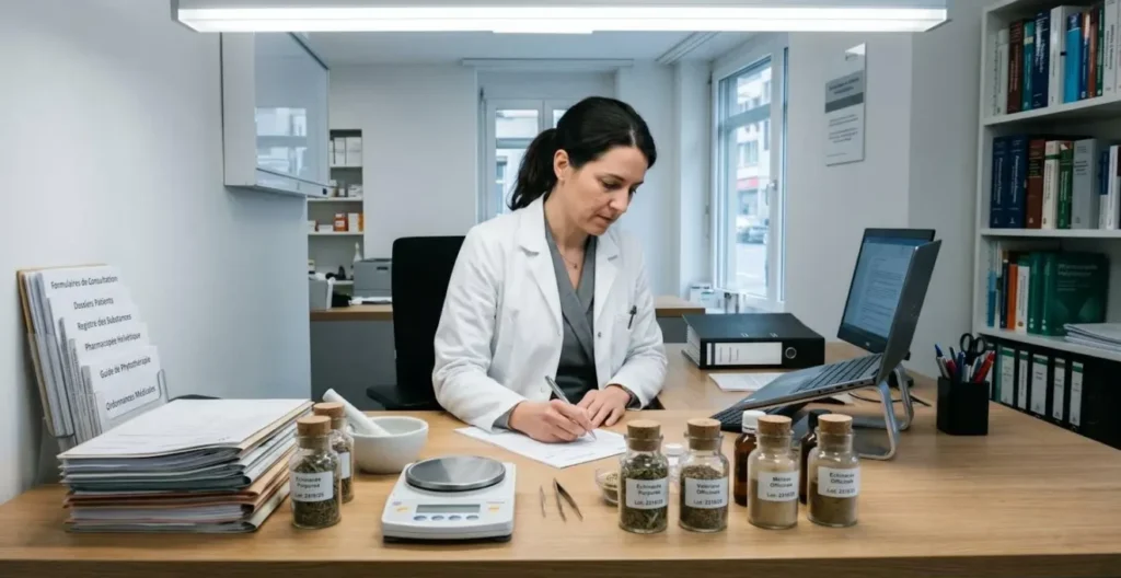 Bureau de pharmacien spécialisé avec documentation réglementaire, échantillons de plantes médicinales et matériel de consultation Bureau de pharmacien spécialisé avec documentation réglementaire, échantillons de plantes médicinales et matériel de consultation