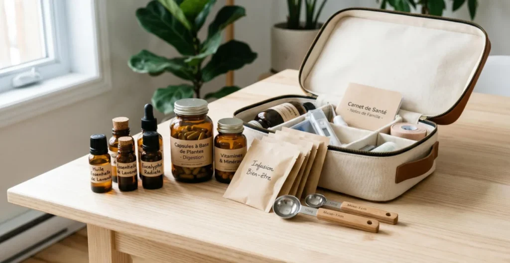 Trousse de soins naturels ouverte contenant flacons d'huiles essentielles, sachets de tisanes et gélules de plantes disposés sur table en bois Trousse de soins naturels ouverte contenant flacons d'huiles essentielles, sachets de tisanes et gélules de plantes disposés sur table en bois
