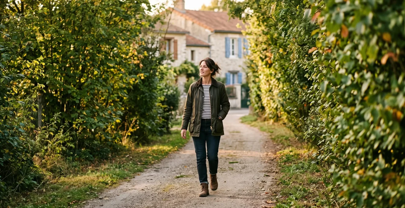 Une personne profitant d'une marche apaisante dans un environnement naturel en fin de journée.