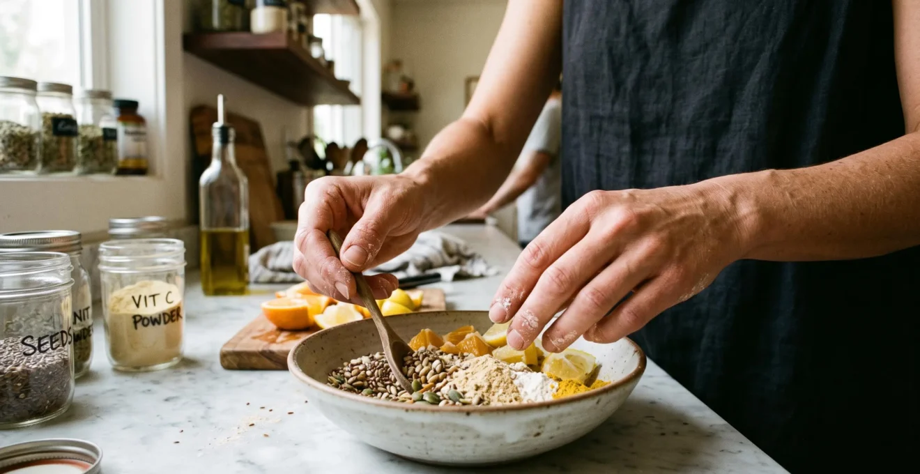 Mains examinant les nutriments clés et les ingrédients bruts pour un soutien immunitaire efficace.